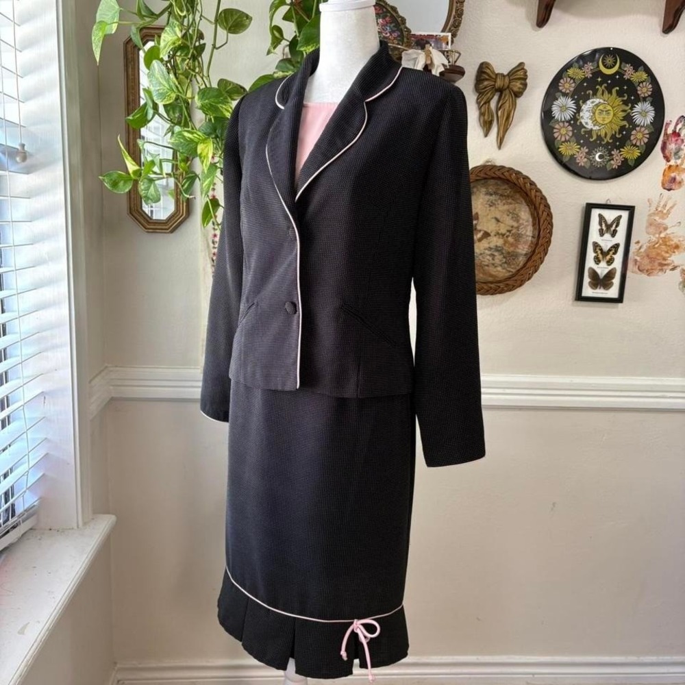 Vintage Y2K Sz 6P Blazer Dress Micro Polka Dot Office Siren Pink Bow Ruffle Suit
